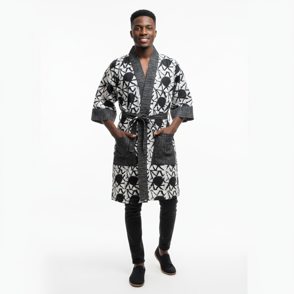 Man wearing a patterned robe on a white background