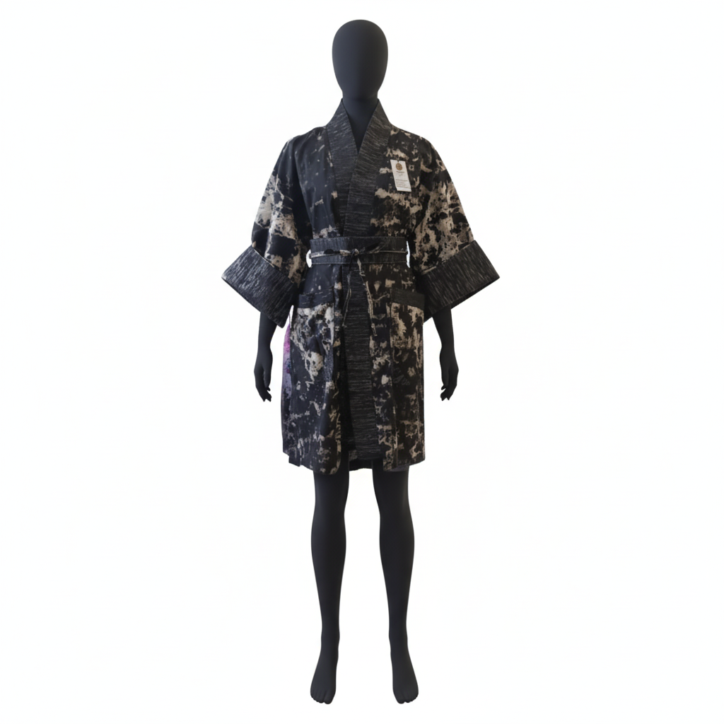 Black and white patterned robe on a mannequin against a white background
