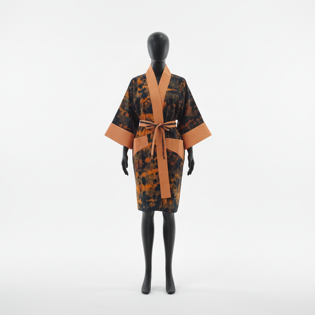 Mannequin wearing a patterned robe with a large bow on a white background