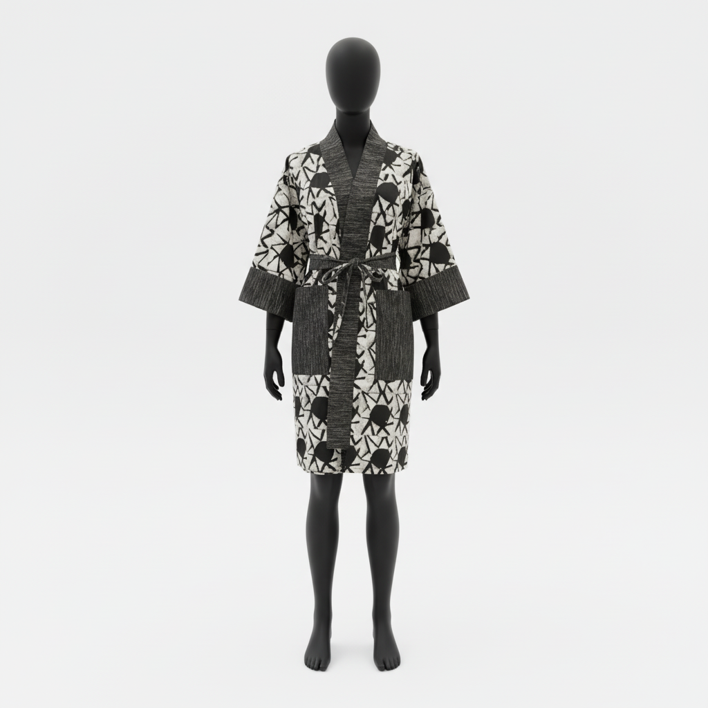 Mannequin wearing a patterned robe on a white background