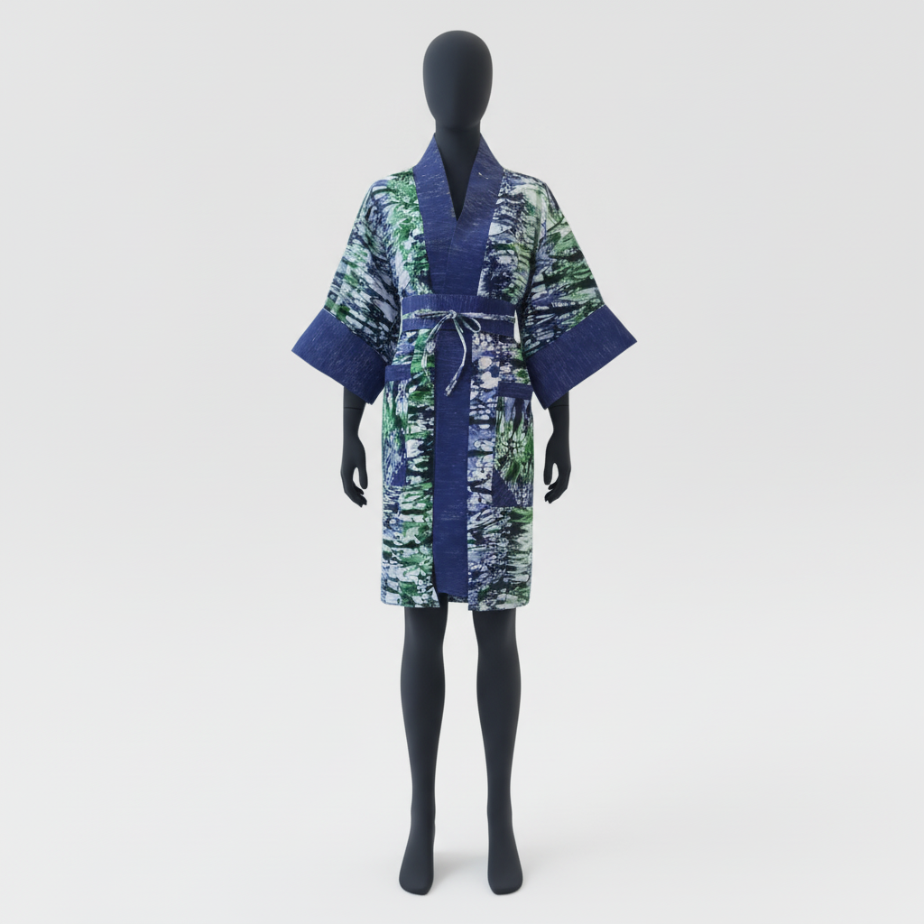 Mannequin wearing a blue and green patterned robe on a white background