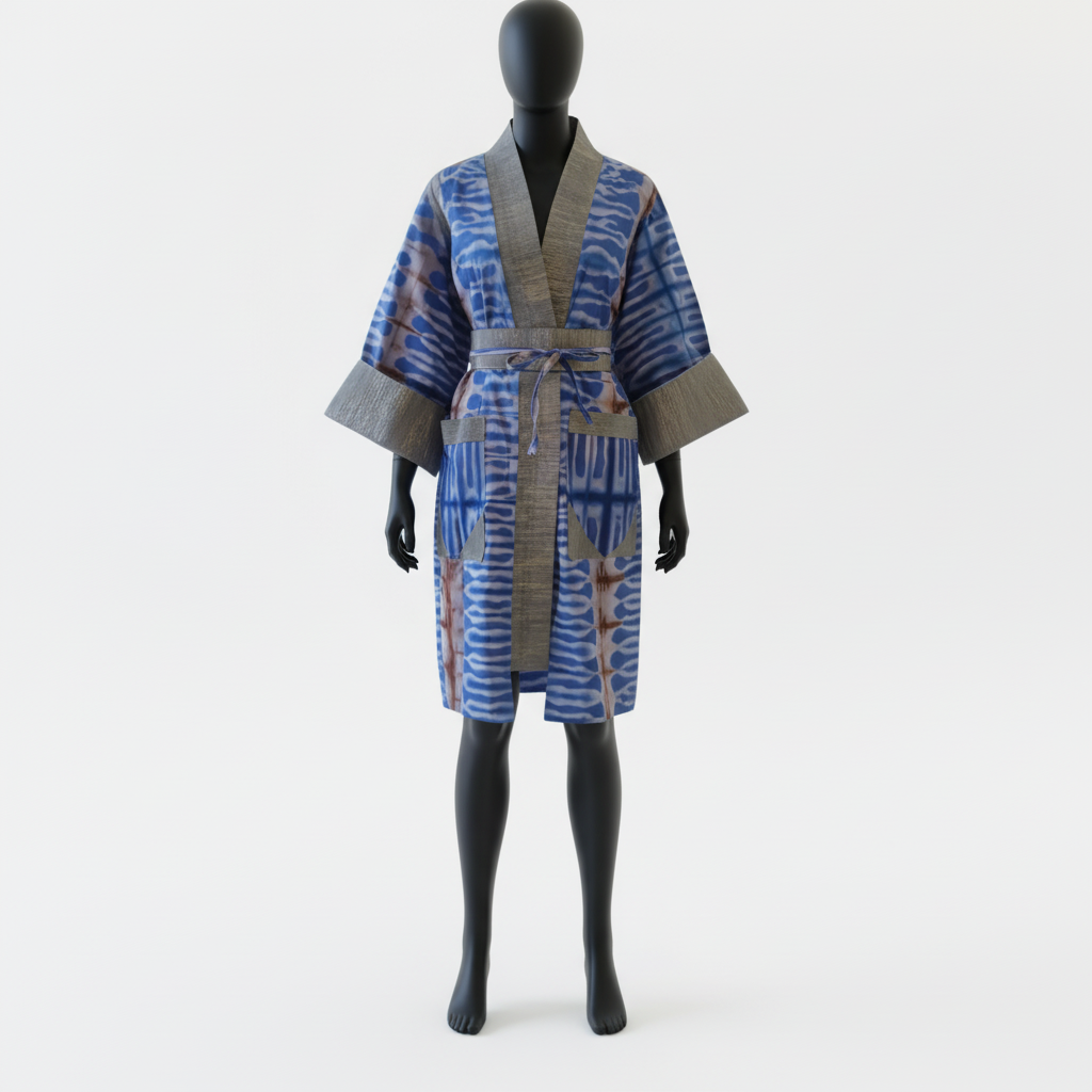 Mannequin wearing a blue and brown patterned robe on a white background