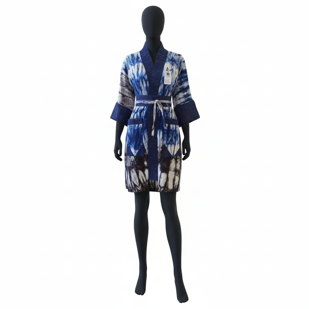 Tie-dye robe on a mannequin against a white background