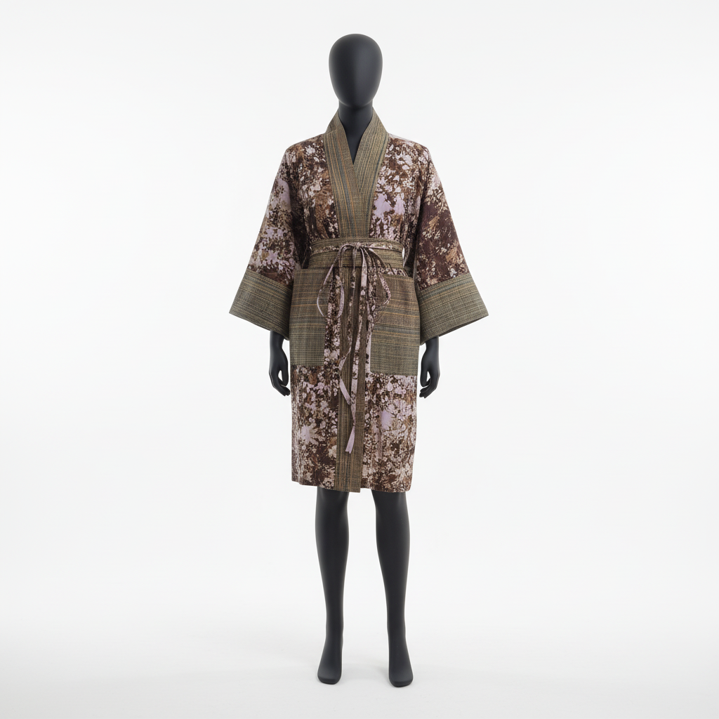 Camouflage-patterned robe on a mannequin against a white background