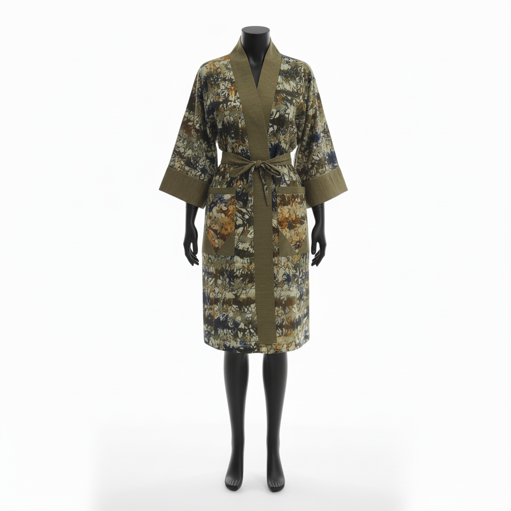 Camouflage-patterned robe on a mannequin against a white background