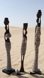 Three decorative statues of women in a desert setting