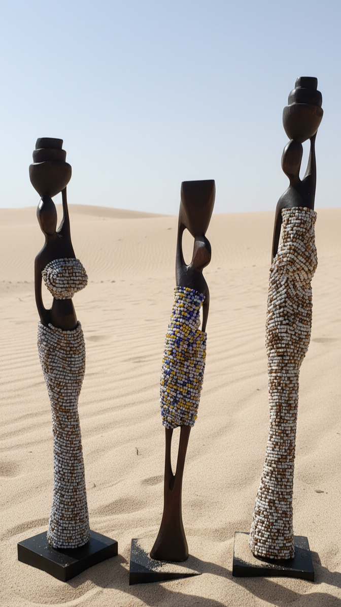 Three decorative statues of women in a desert setting