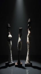 Three stone sculptures of women standing in a dark room with a spotlight on them.