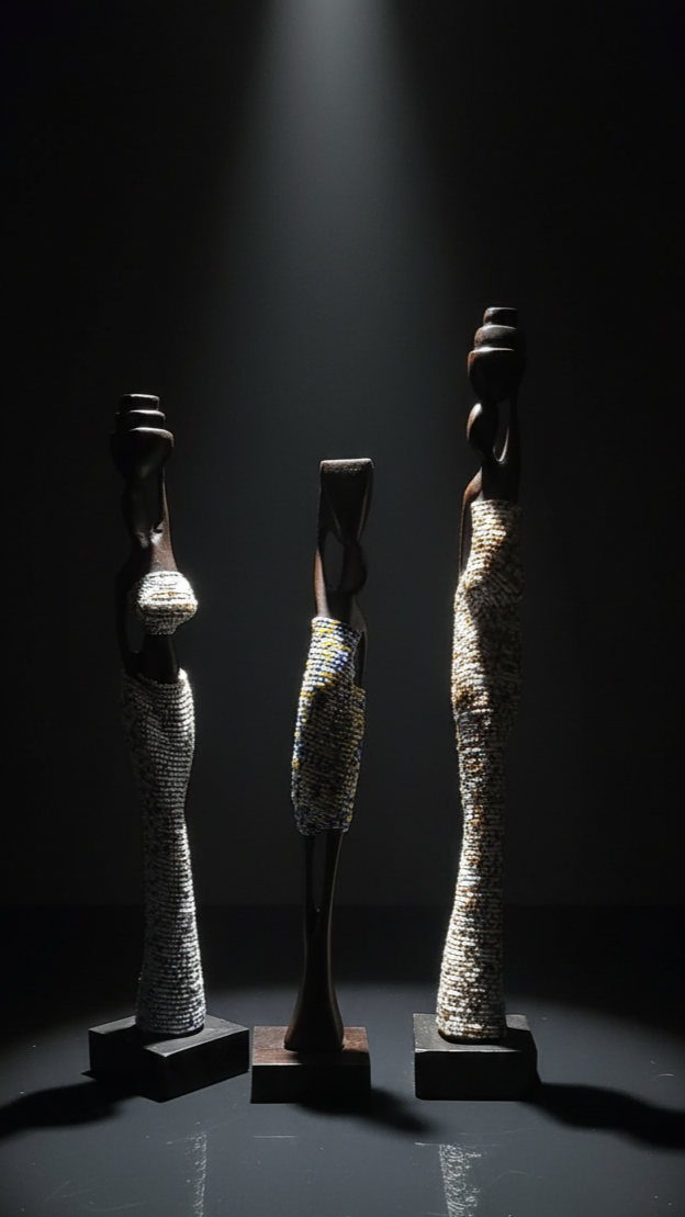 Three stone sculptures of women standing in a dark room with a spotlight on them.