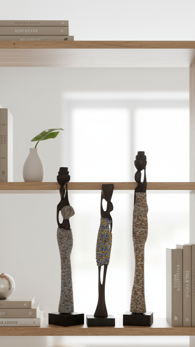 Decorative bookshelf with statues and books in a modern interior setting