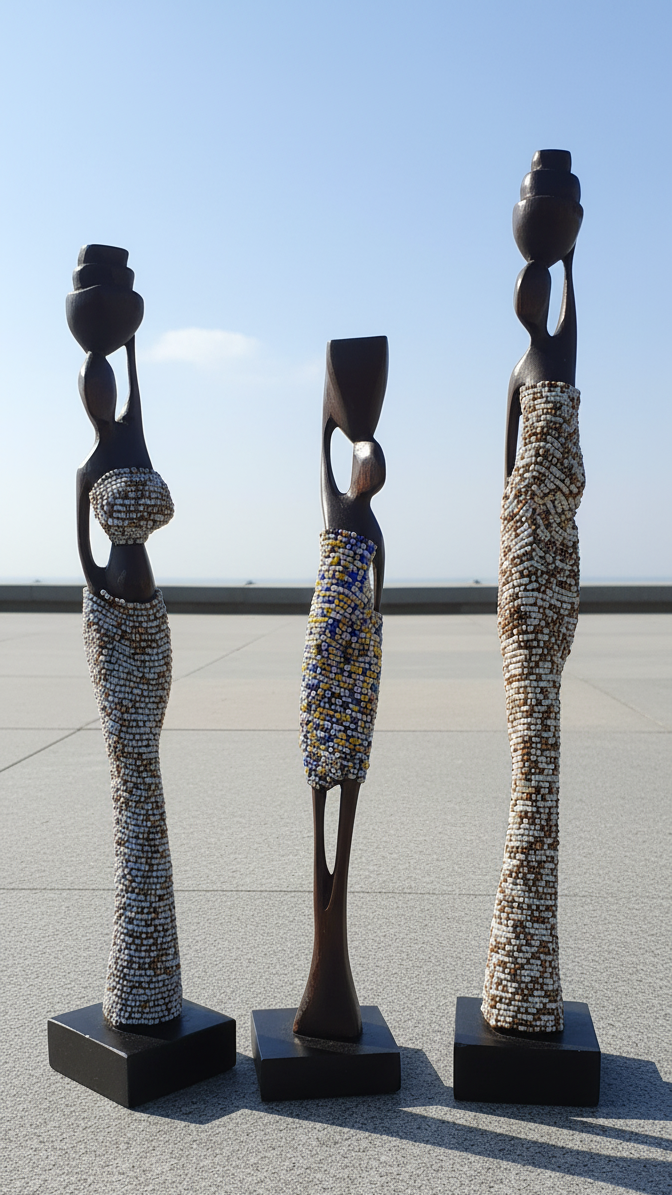 Three abstract sculptures of women in various poses on a concrete surface with a clear blue sky.