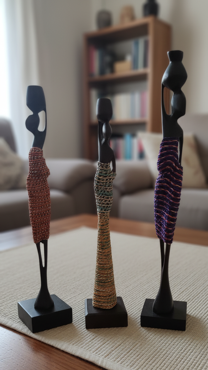 Three abstract sculptures on a table with a blurred background of a living room.