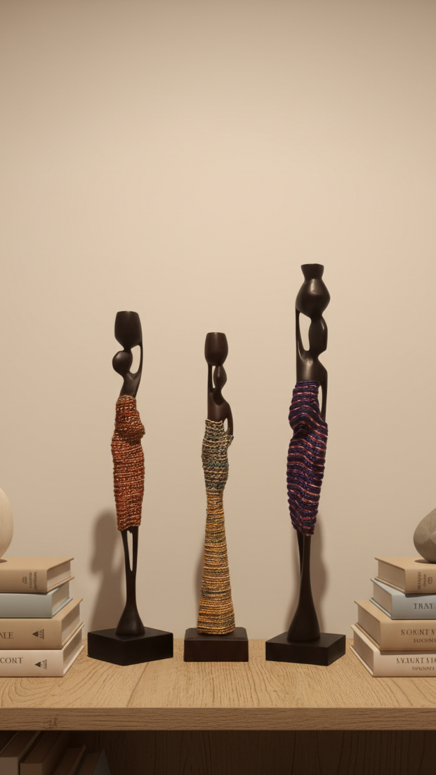 Three black figurines on a wooden shelf with books and a plant.