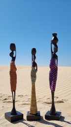 Three decorative statues of women holding vases in a desert setting with clear blue sky.