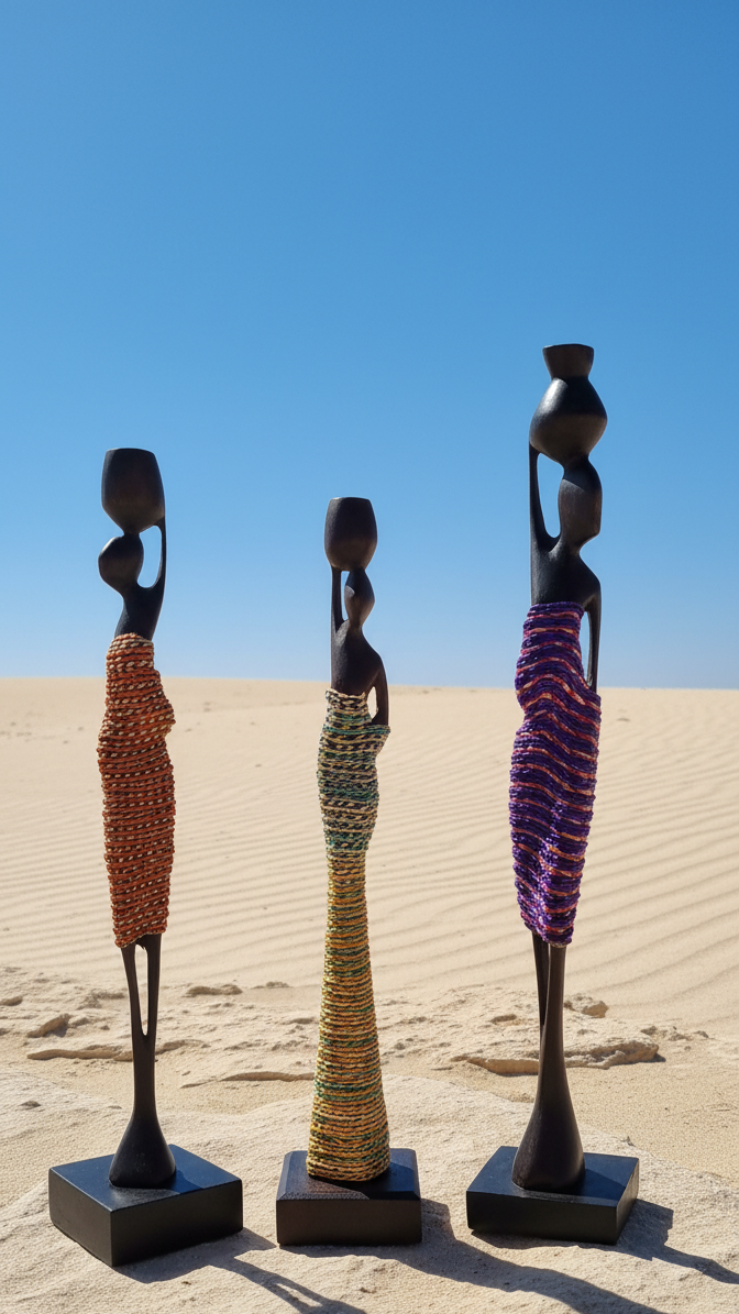 Three decorative statues of women holding vases in a desert setting with clear blue sky.