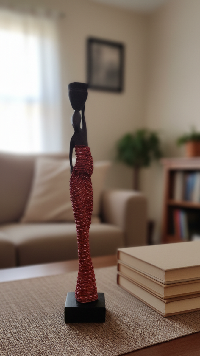 Decorative statue on a table with books in a living room setting