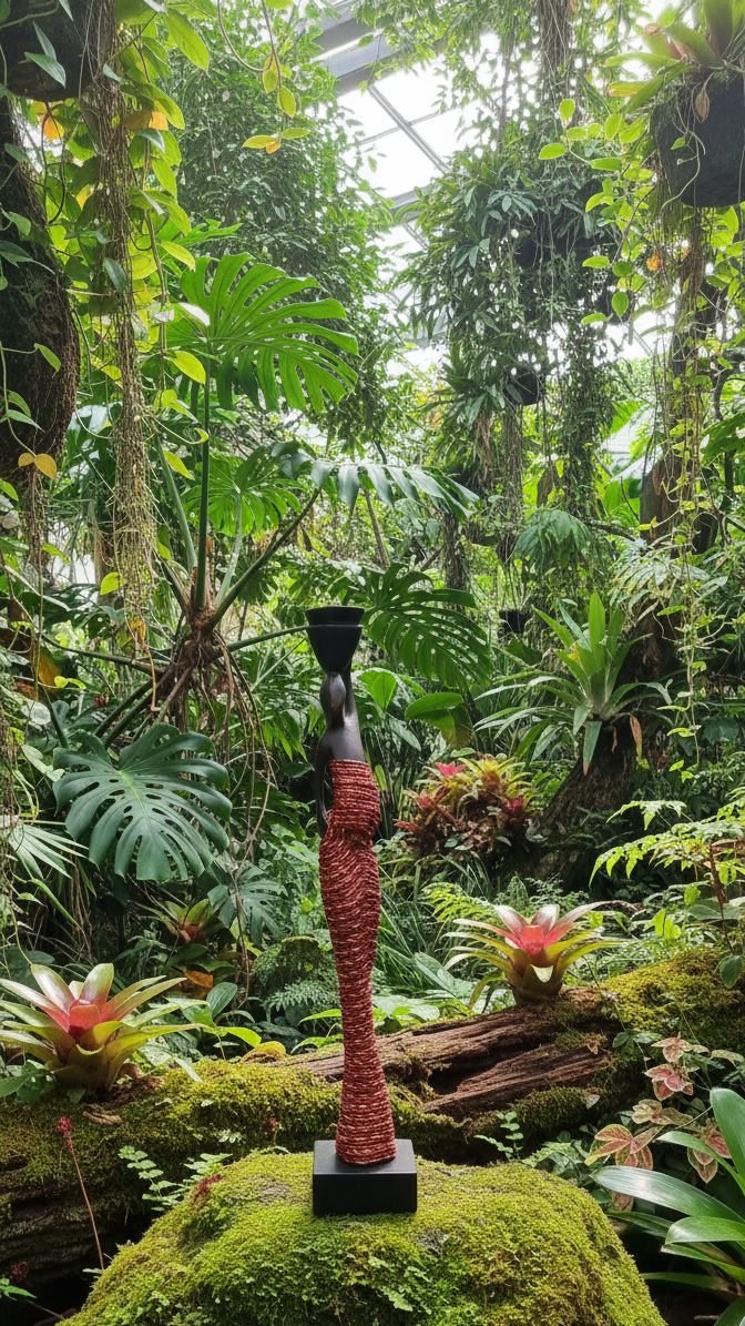 Statue of a woman in a lush, green forest setting