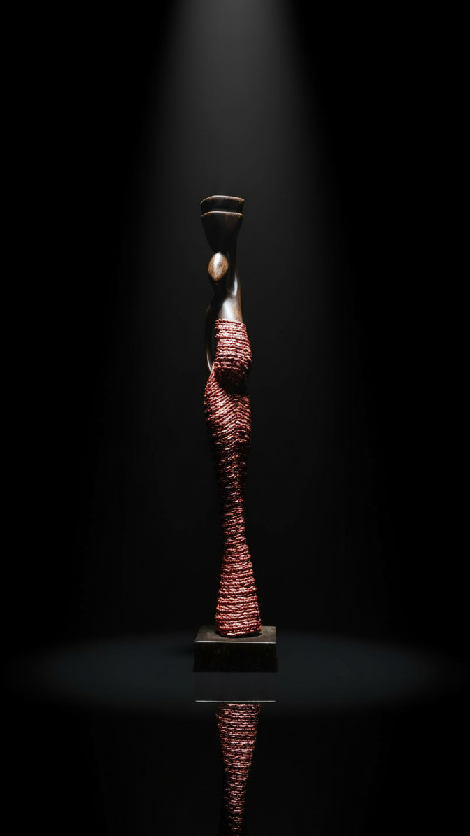 Tall, abstract sculpture with wavy patterns on a dark background