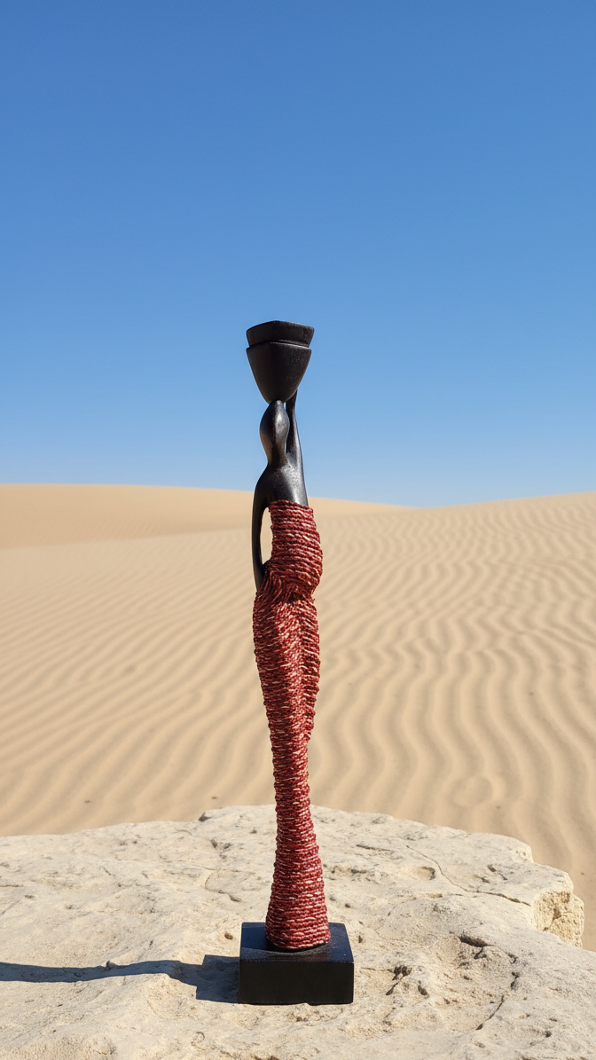 Statue of a woman with red dress and black top on a rock with sand and blue sky in the background