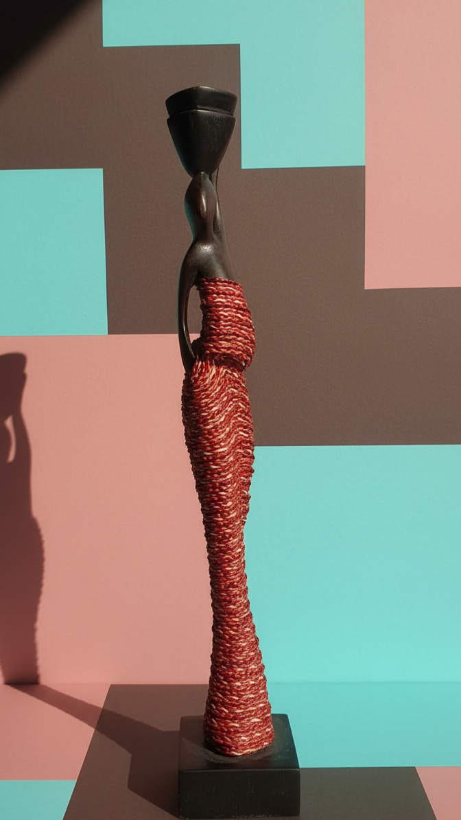 Statue with textured red dress and black base on a geometric patterned background