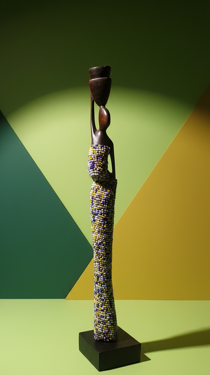 Decorative statue with intricate design on a green and yellow geometric background