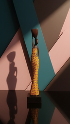 Trophy with a yellow rope on a reflective surface against a multicolored geometric background