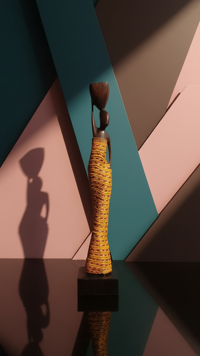 Trophy with a yellow rope on a reflective surface against a multicolored geometric background