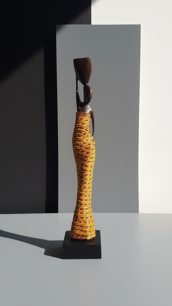 Decorative sculpture with wavy textured design on a plain background