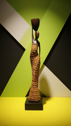 Abstract sculpture with wavy design on a geometric background