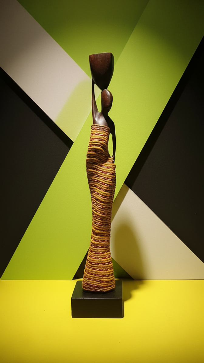Abstract sculpture with wavy design on a geometric background