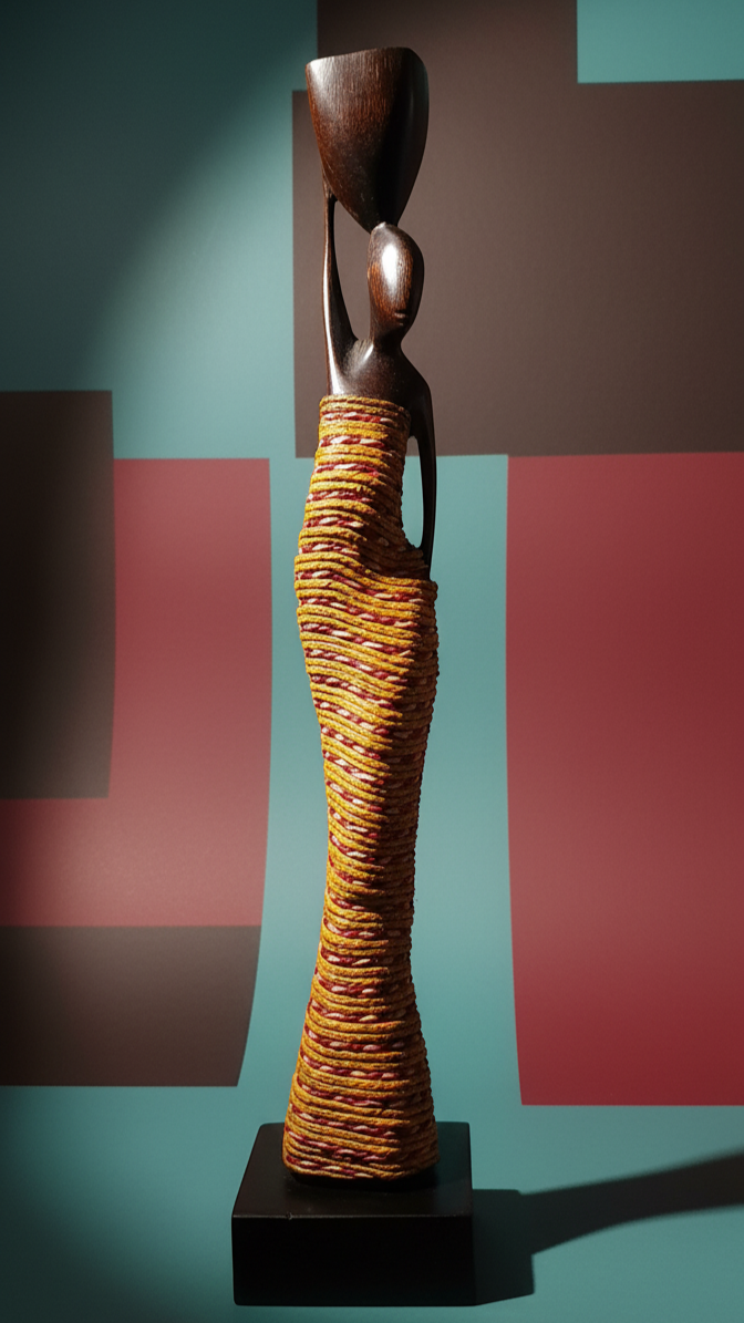Abstract sculpture with twisted forms against a geometric-patterned background