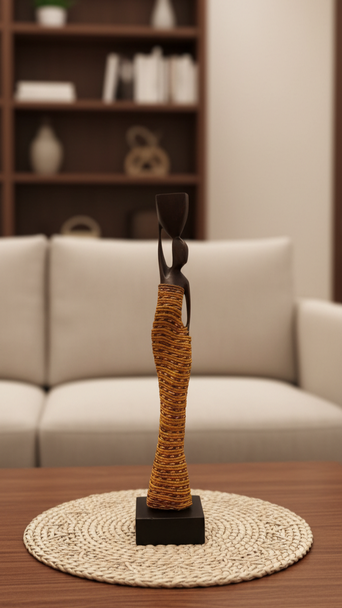 Decorative item with wicker design on a table in a living room setting