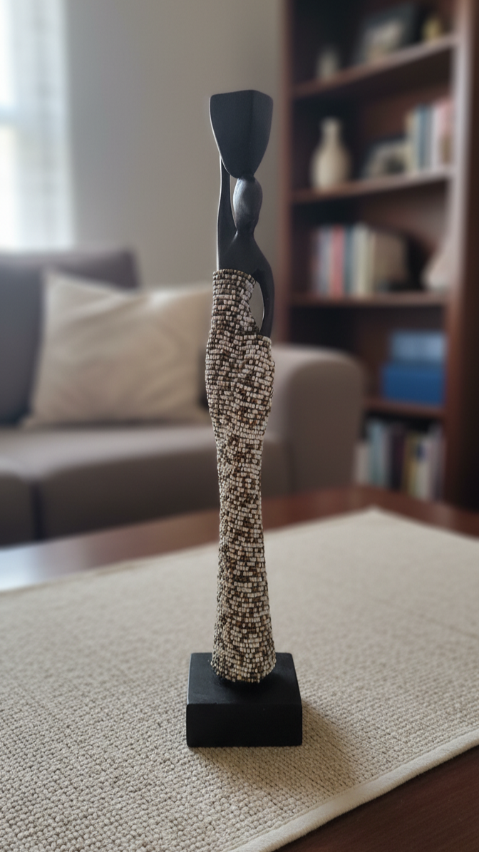 Decorative sculpture on a stand in a living room setting