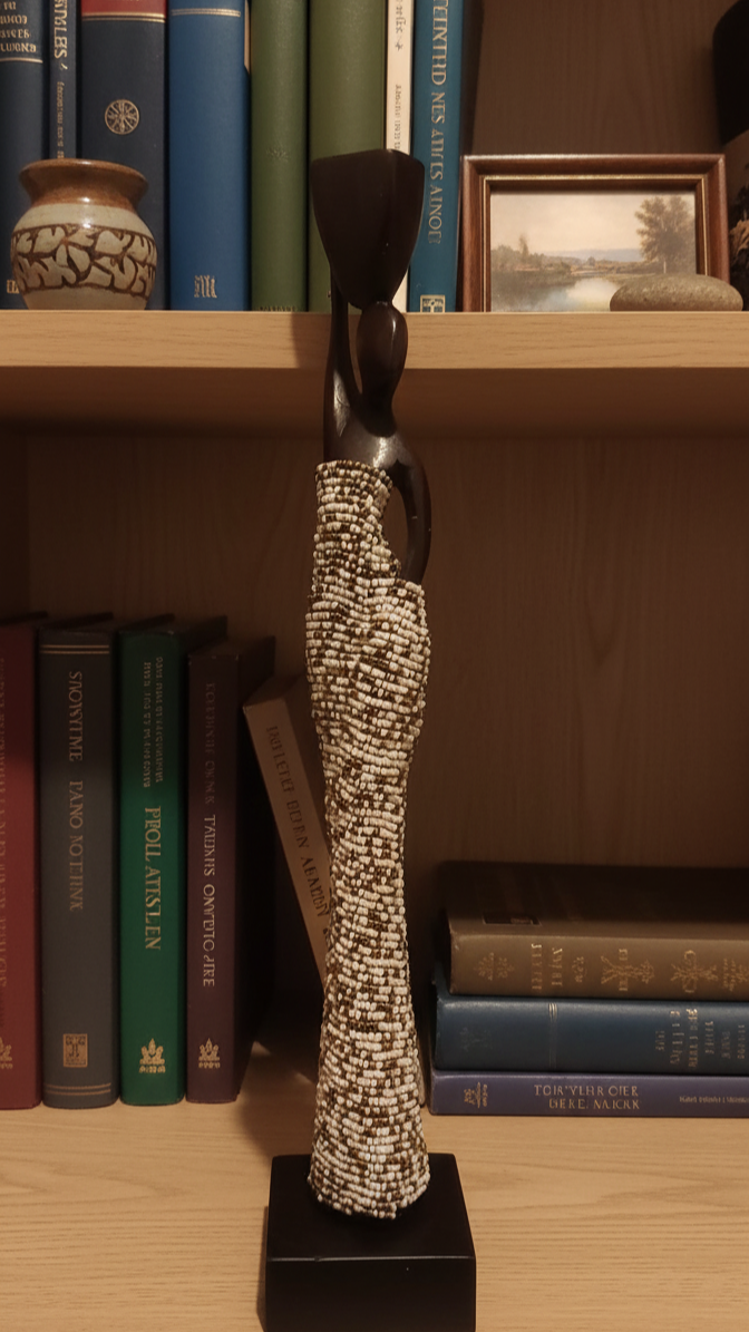 Decorative black and gold figurine on a wooden shelf with books and a small framed picture.