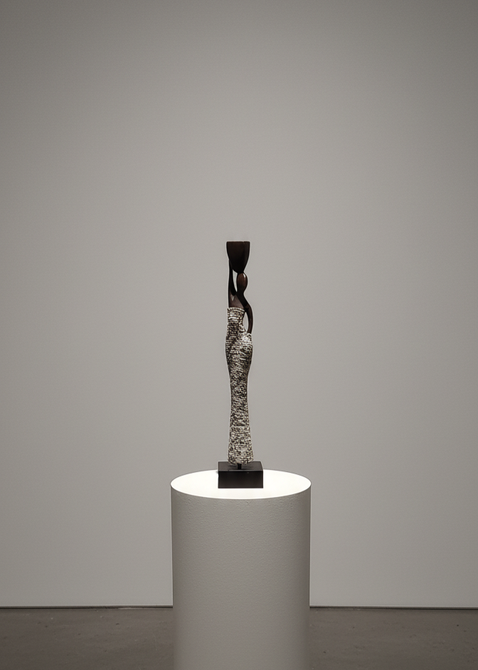 Abstract sculpture on a cylindrical white pedestal against a plain wall.