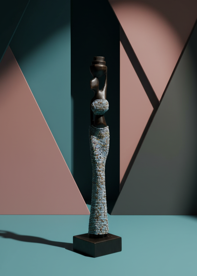 Statue on a pedestal against a geometric background