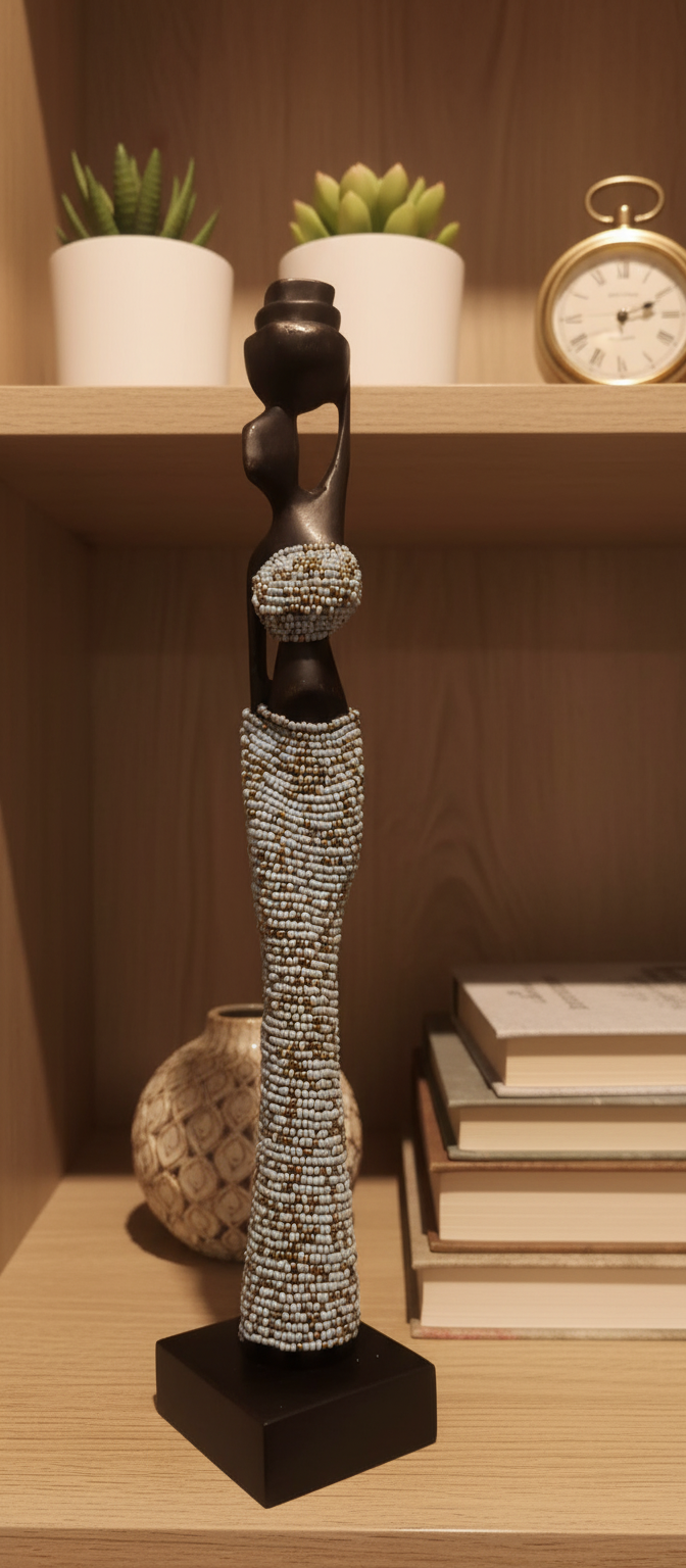Decorative statue on a shelf with books and plants in the background