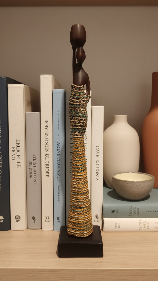 Decorative statue on a shelf with books and other items