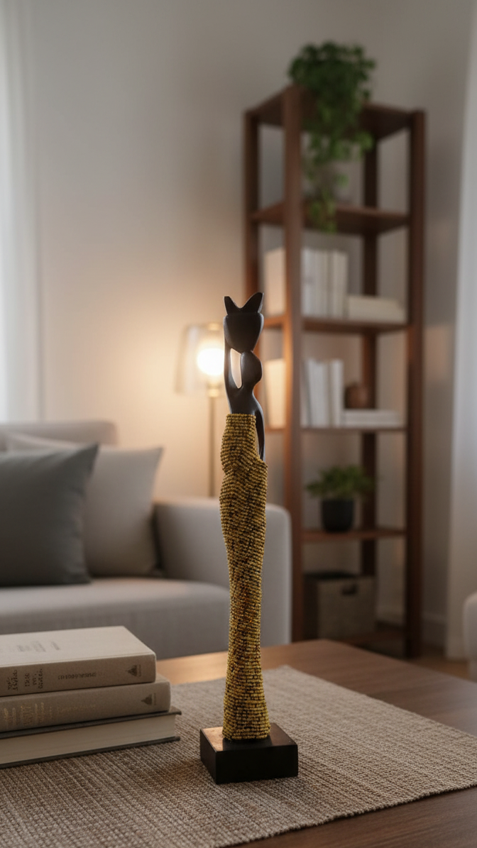 Decorative cat figurine on a table in a living room setting
