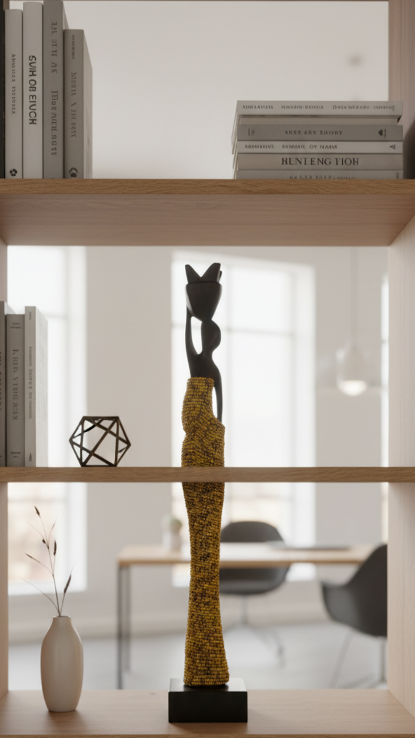 Wooden shelf with books and decorative items in a modern interior setting