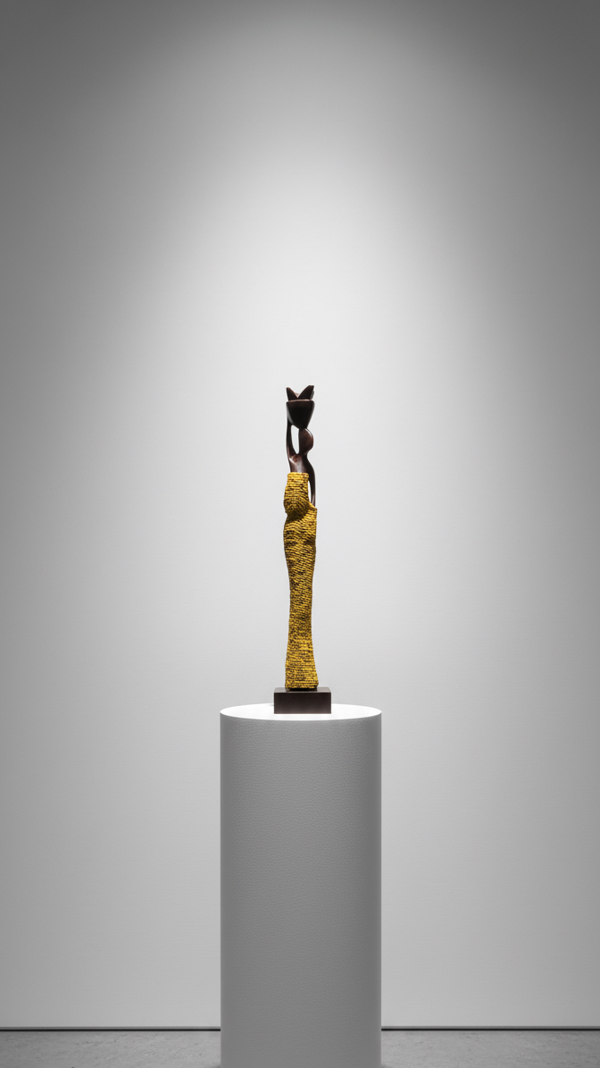Statue on a white pedestal against a gray background