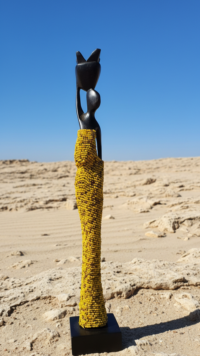 Abstract sculpture with yellow textured base and black figure on a sandy background