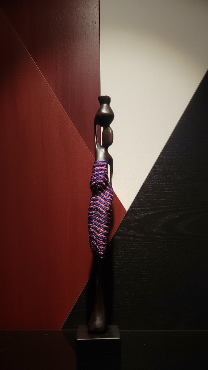 Decorative object with a purple and gold design on a reflective surface