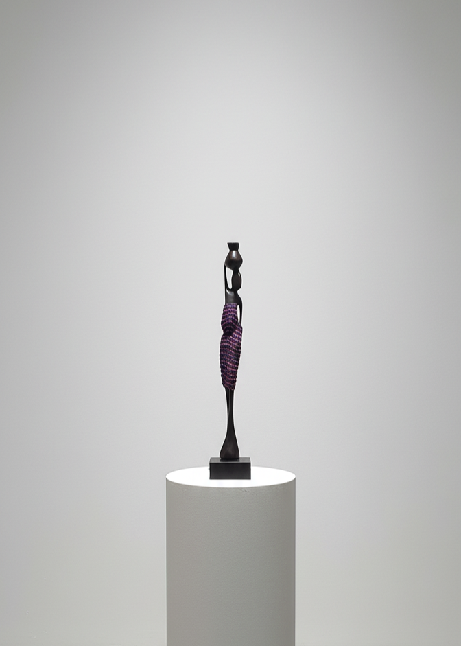Sculpture on a white pedestal against a plain wall