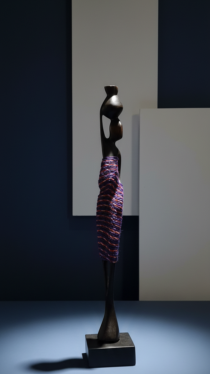 Sculpture of a woman in a dress against a dark background