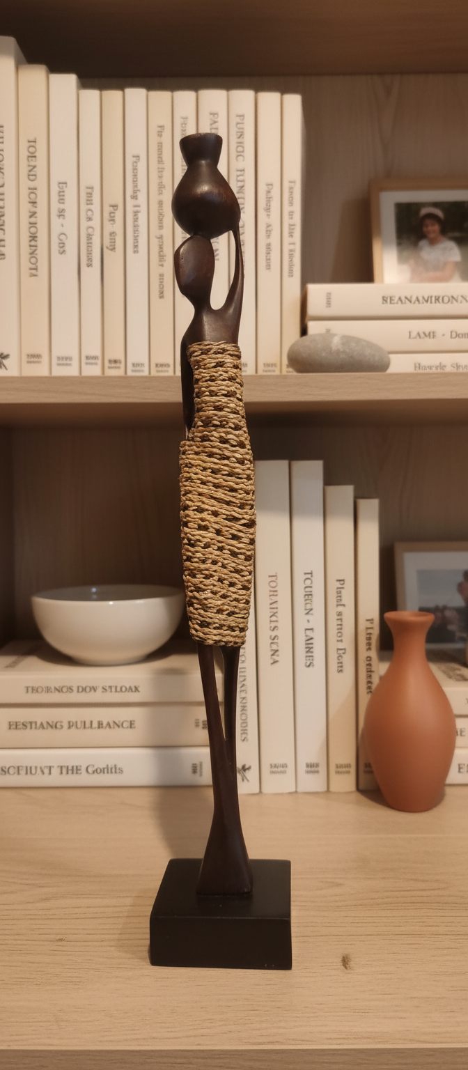 Decorative figure on a shelf with books and a vase
