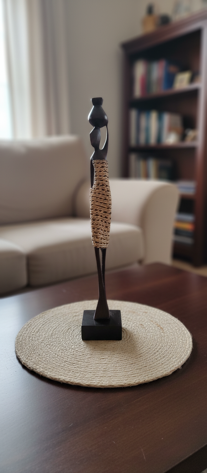 Decorative statue on a round mat in a living room setting