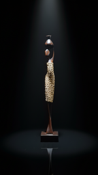 Artistic sculpture of a figure with a gold skirt on a dark reflective surface