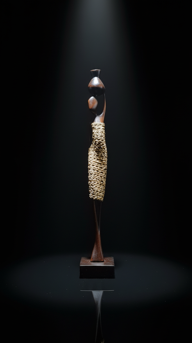 Artistic sculpture of a figure with a gold skirt on a dark reflective surface
