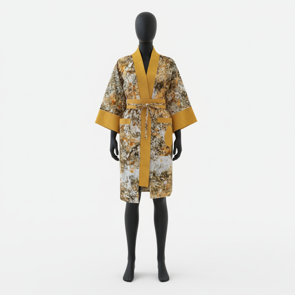 Mannequin wearing a patterned robe with yellow accents on a white background
